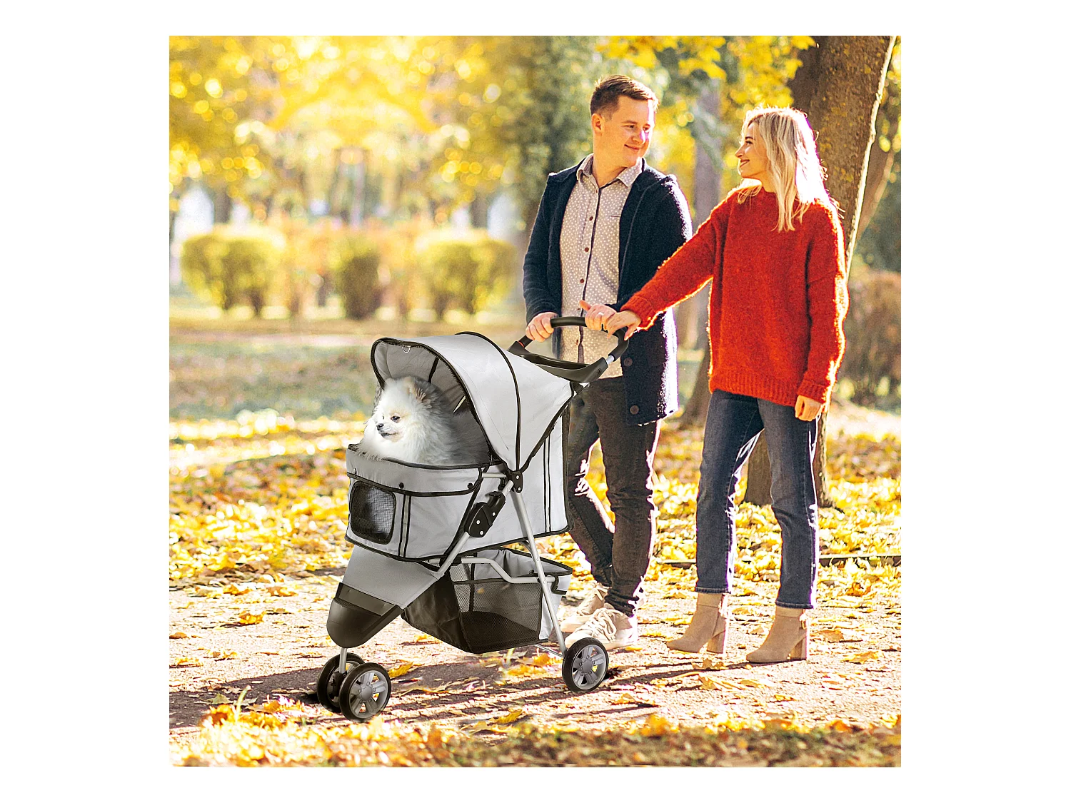 Poussette pliable pour chien et chat, tissu oxford résistant, grise, avec filet anti-insectes et frein de stationnement (75x45x97 cm)