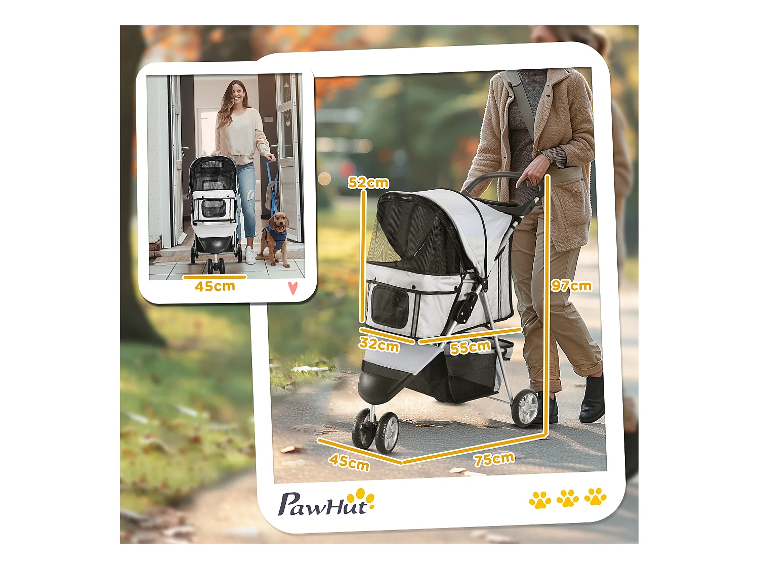 Poussette pliable pour chien et chat, tissu oxford résistant, grise, avec filet anti-insectes et frein de stationnement (75x45x97 cm)