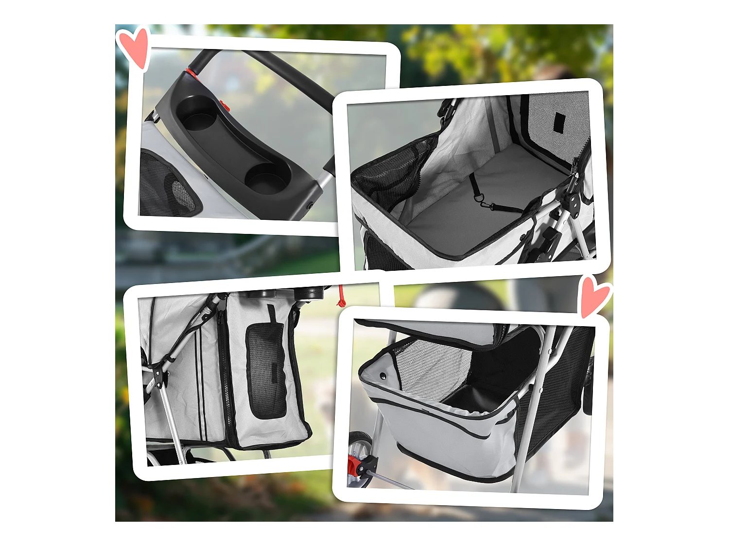 Poussette pliable pour chien et chat, tissu oxford résistant, grise, avec filet anti-insectes et frein de stationnement (75x45x97 cm)