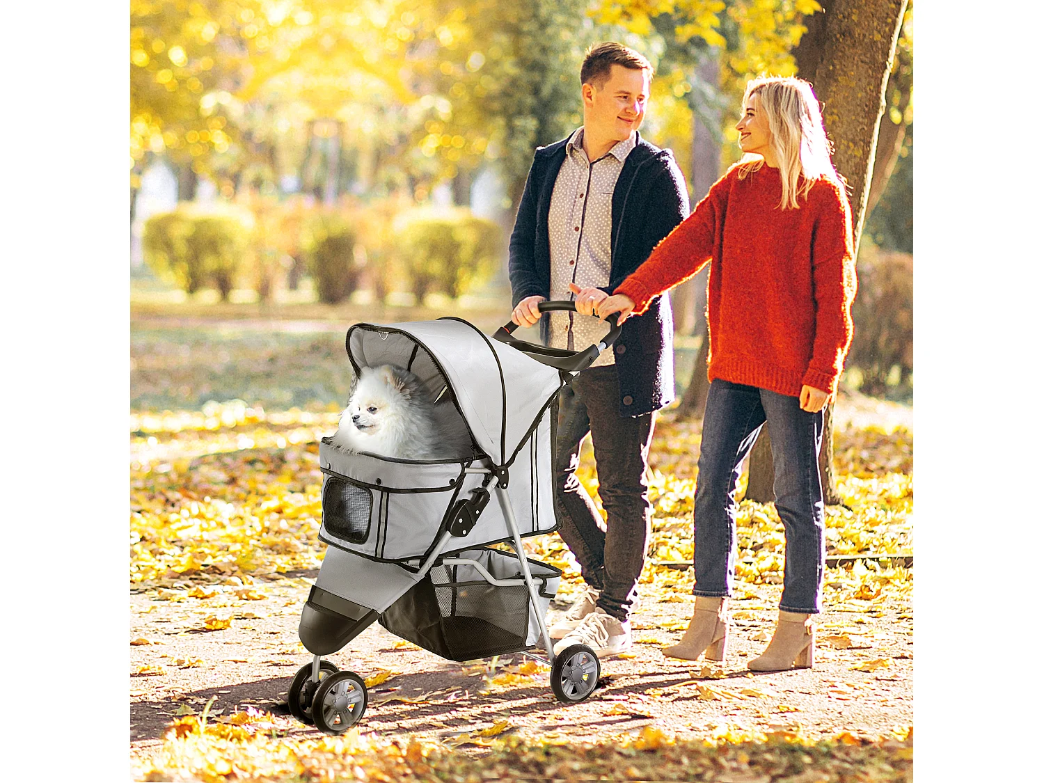 Poussette pliable pour chien et chat, tissu oxford résistant, grise, avec filet anti-insectes et frein de stationnement (75x45x97 cm)