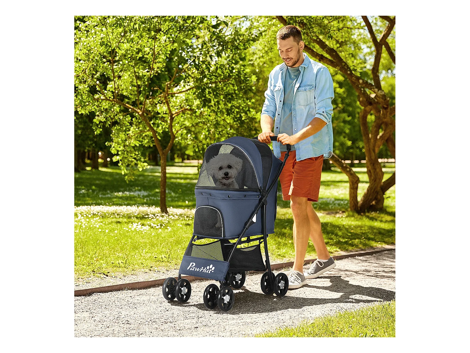 Poussette pliable pour chien et chat, 4 roues avec coussin et fenêtre en filet, polyester, bleu (81x48x99 cm)