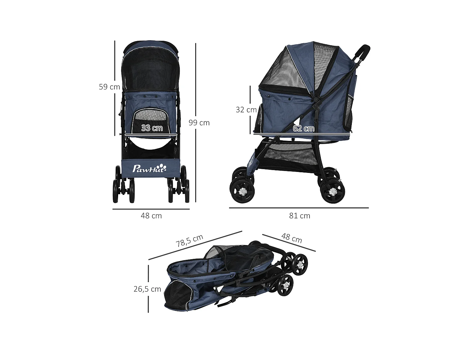 Poussette pliable pour chien et chat, 4 roues avec coussin et fenêtre en filet, polyester, bleu (81x48x99 cm)