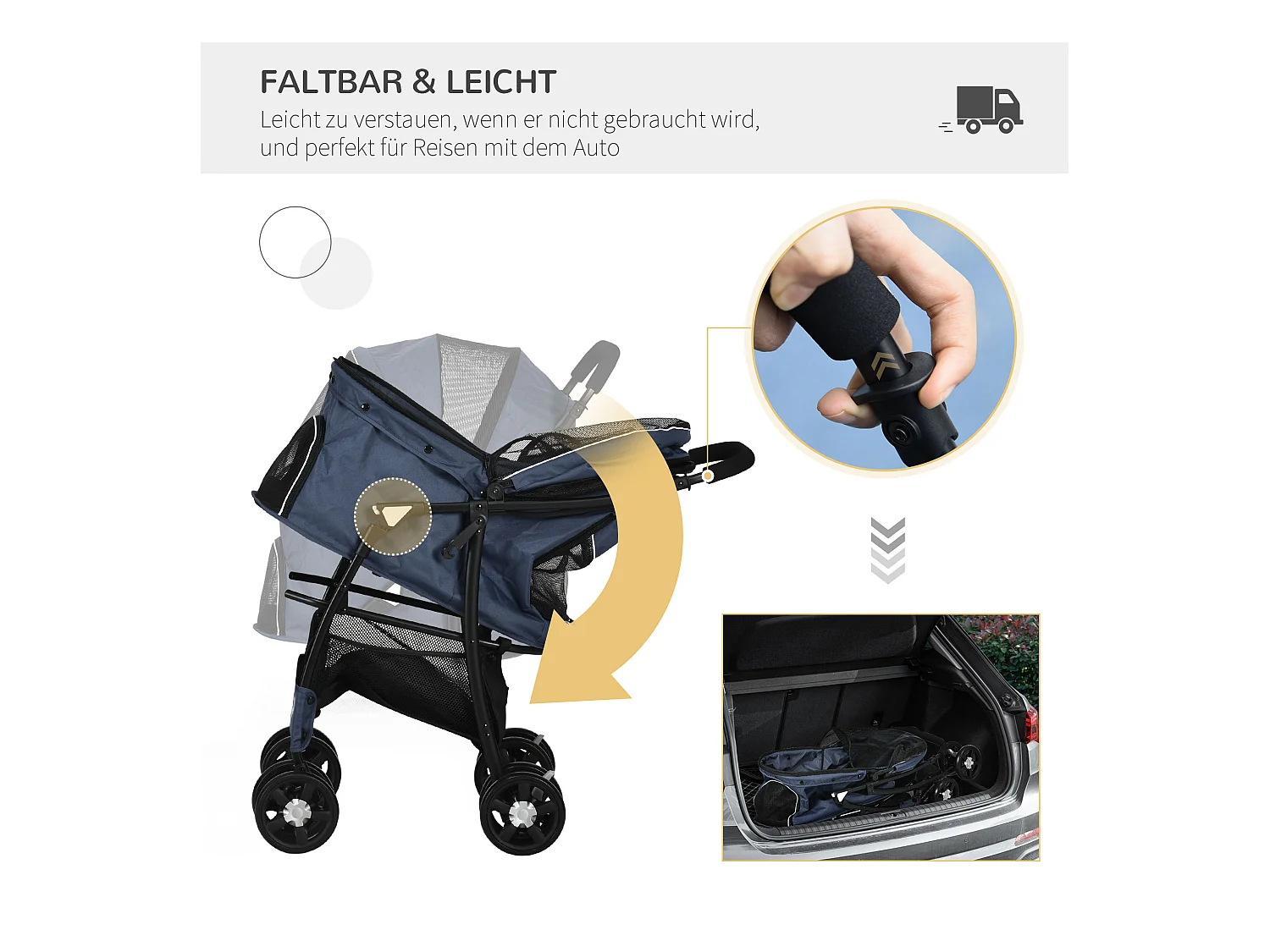 Poussette pliable pour chien et chat, 4 roues avec coussin et fenêtre en filet, polyester, bleu (81x48x99 cm)