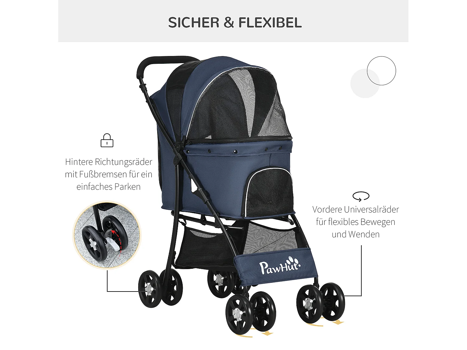 Poussette pliable pour chien et chat, 4 roues avec coussin et fenêtre en filet, polyester, bleu (81x48x99 cm)