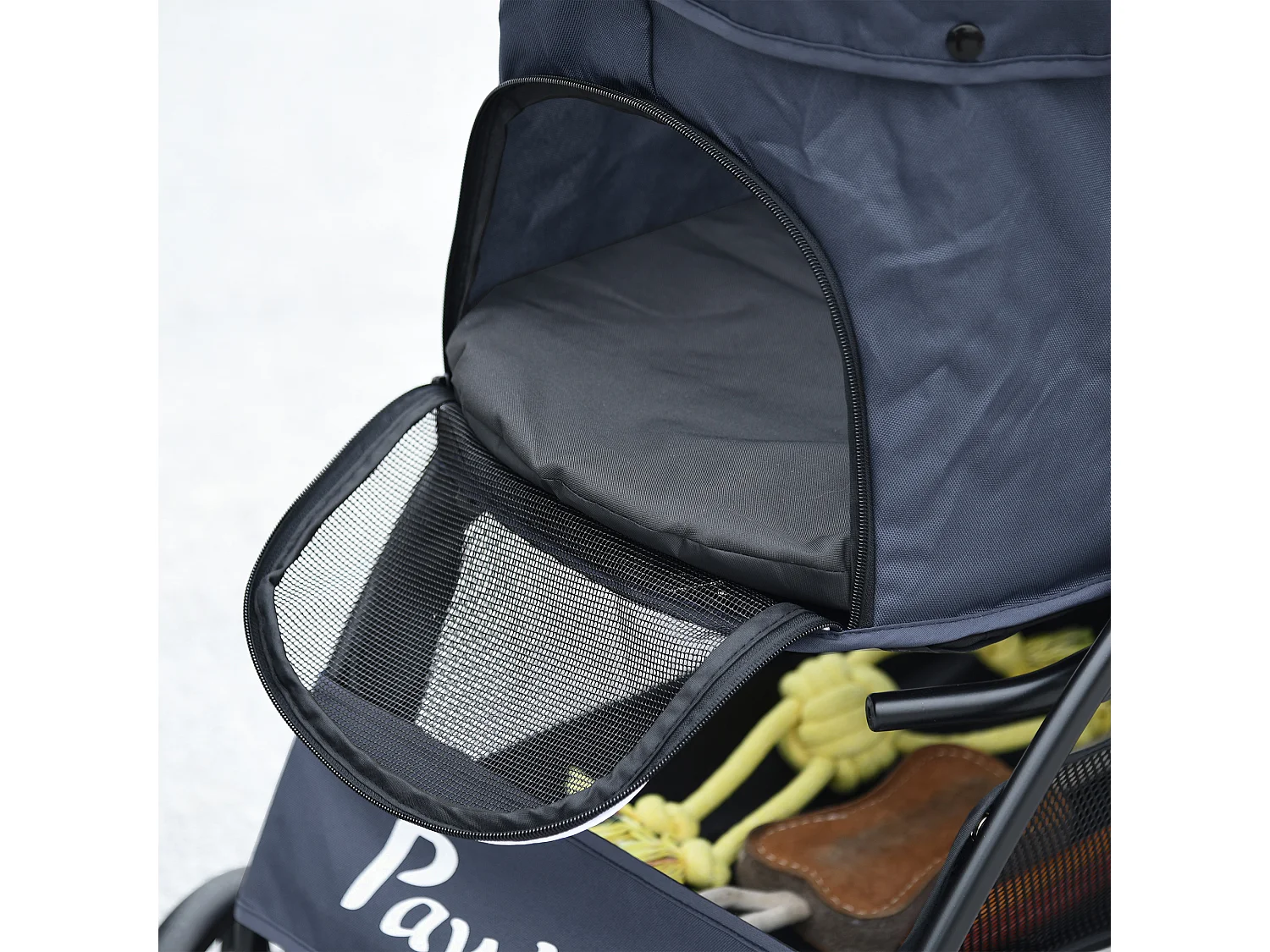 Poussette pliable pour chien et chat, 4 roues avec coussin et fenêtre en filet, polyester, bleu (81x48x99 cm)