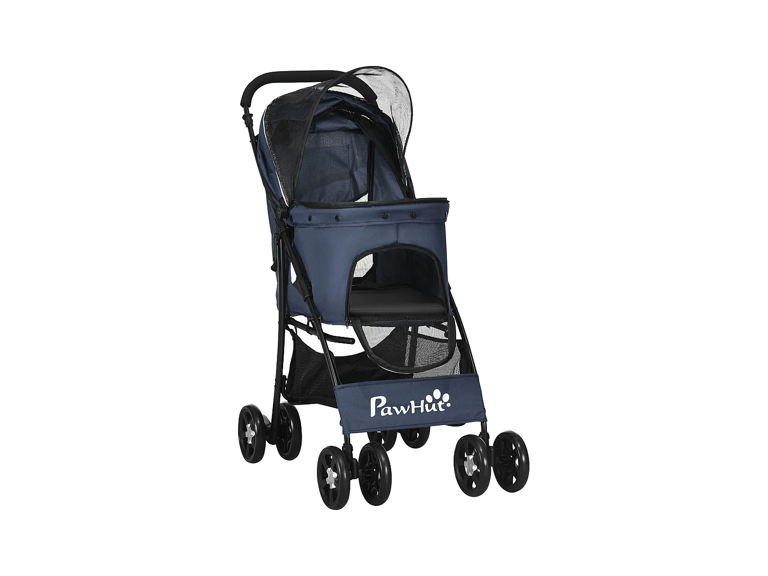 Opvouwbare honden- en kattenwagen, 4 wielen met kussen en gaasvenster, polyester, blauw (81x48x99 cm)