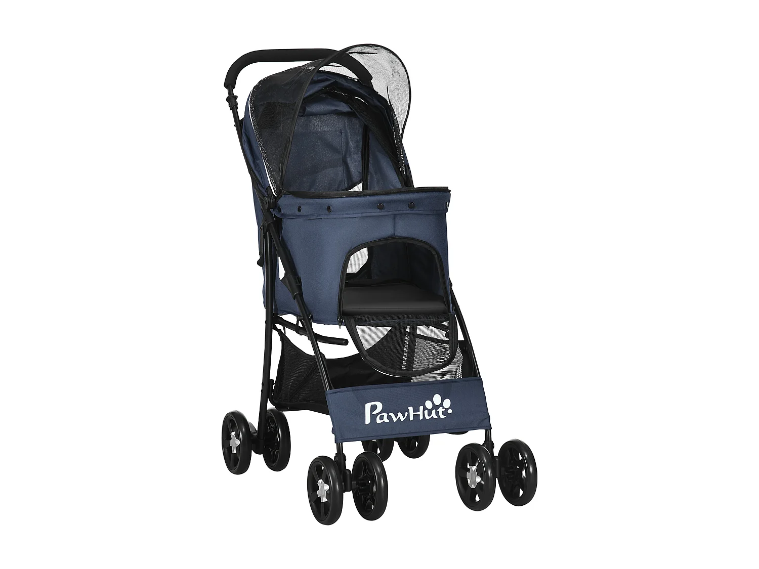 Poussette pliable pour chien et chat, 4 roues avec coussin et fenêtre en filet, polyester, bleu (81x48x99 cm)