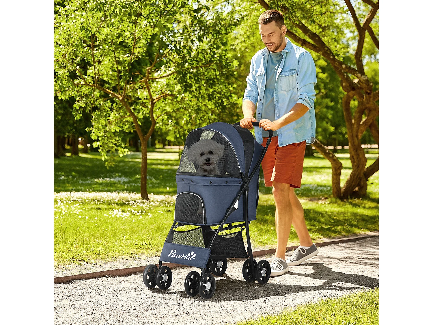 Poussette pliable pour chien et chat, 4 roues avec coussin et fenêtre en filet, polyester, bleu (81x48x99 cm)