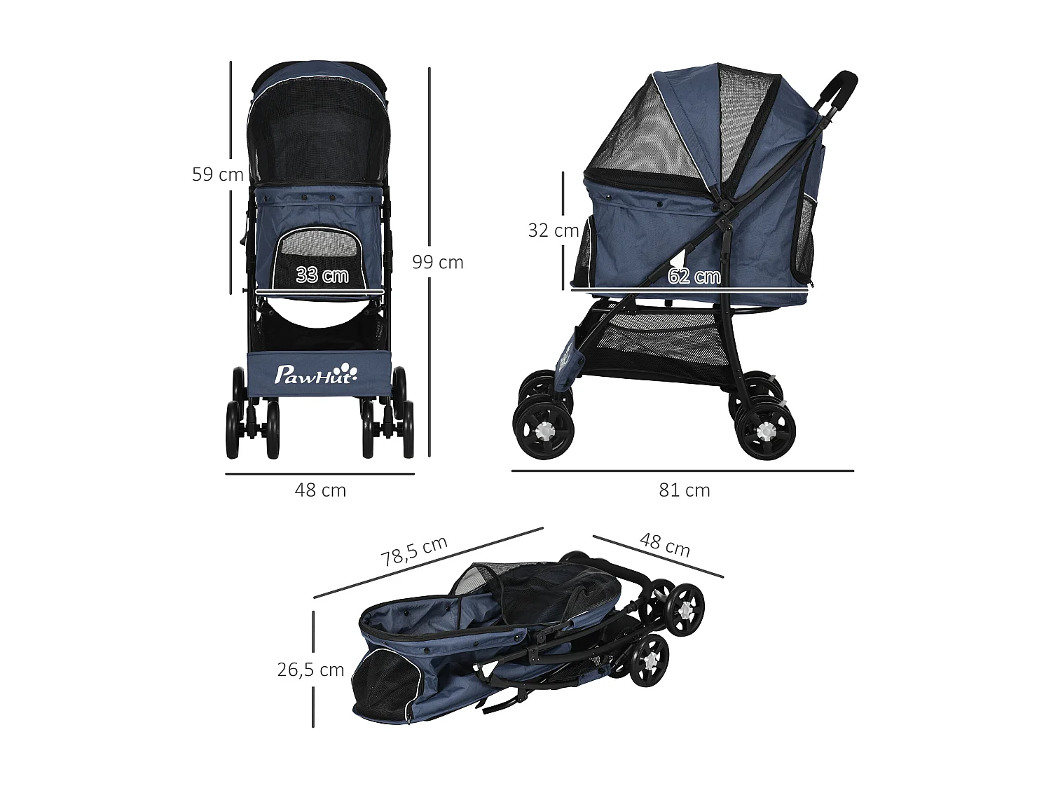 Poussette pliable pour chien et chat, 4 roues avec coussin et fenêtre en filet, polyester, bleu (81x48x99 cm)