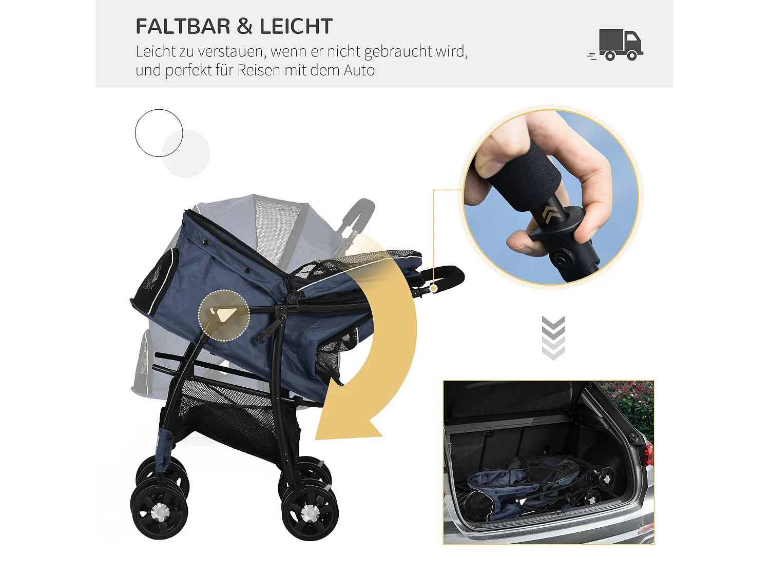 Poussette pliable pour chien et chat, 4 roues avec coussin et fenêtre en filet, polyester, bleu (81x48x99 cm)