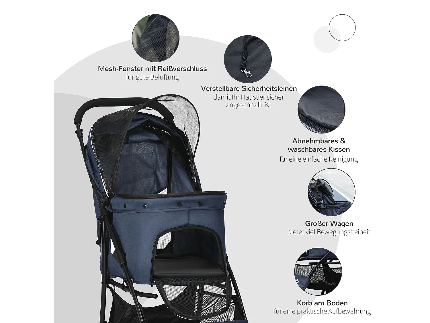 Poussette pliable pour chien et chat, 4 roues avec coussin et fenêtre en filet, polyester, bleu (81x48x99 cm)