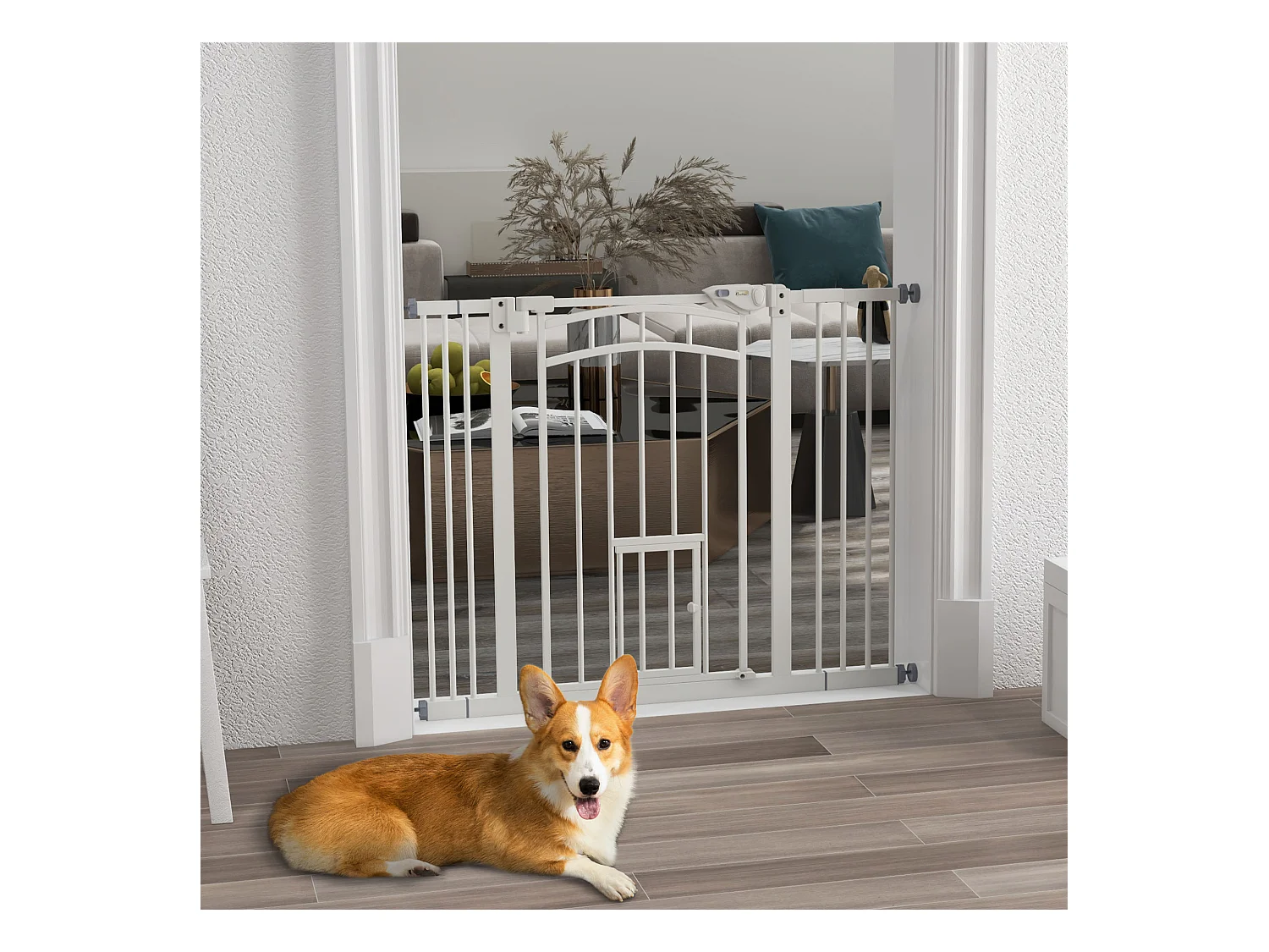 Hondenhek met automatische deur en kattenluik, staal, wit (74-100x4x76 cm)