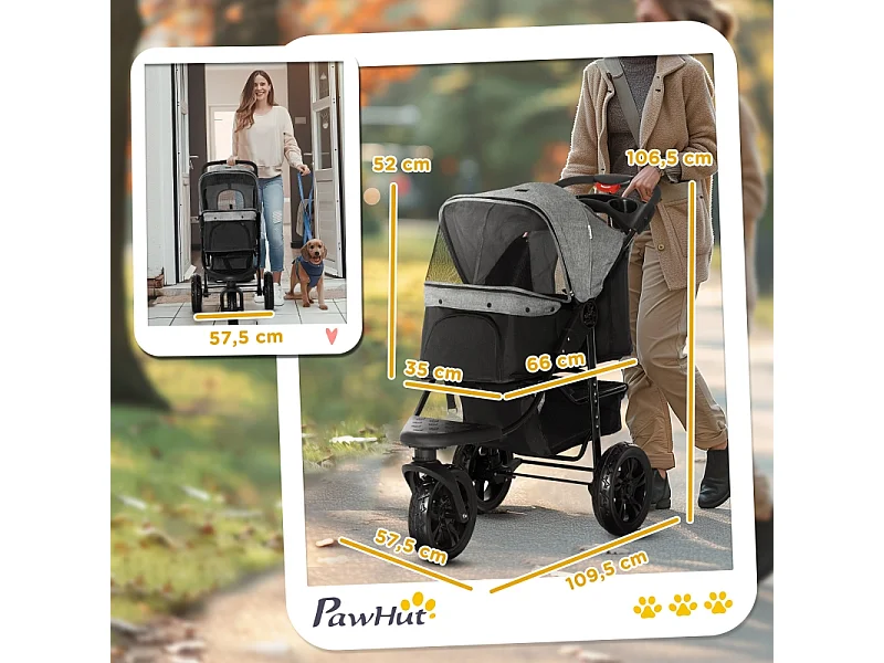 Opvouwbare hondenbuggy met luchtbanden, draagvermogen 25 kg, Oxford-stof, grijs (109,5 x 57,5 x 106,5 cm)