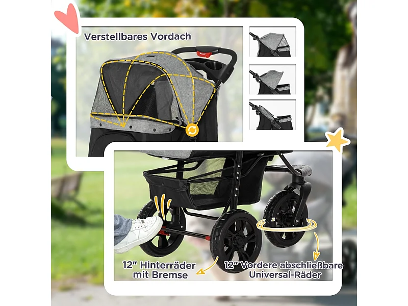 Opvouwbare hondenbuggy met luchtbanden, draagvermogen 25 kg, Oxford-stof, grijs (109,5 x 57,5 x 106,5 cm)