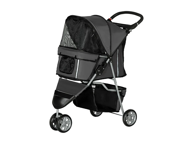 Poussette pliante pour chien et chat, avec coussin, fenêtres en filet, porte-gobelets et rangement, polyester, gris foncé (75x45x97 cm)