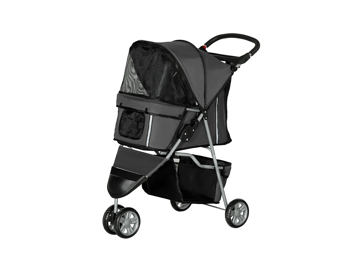 Poussette pliante pour chien et chat, avec coussin, fenêtres en filet, porte-gobelets et rangement, polyester, gris foncé (75x45x97 cm)
