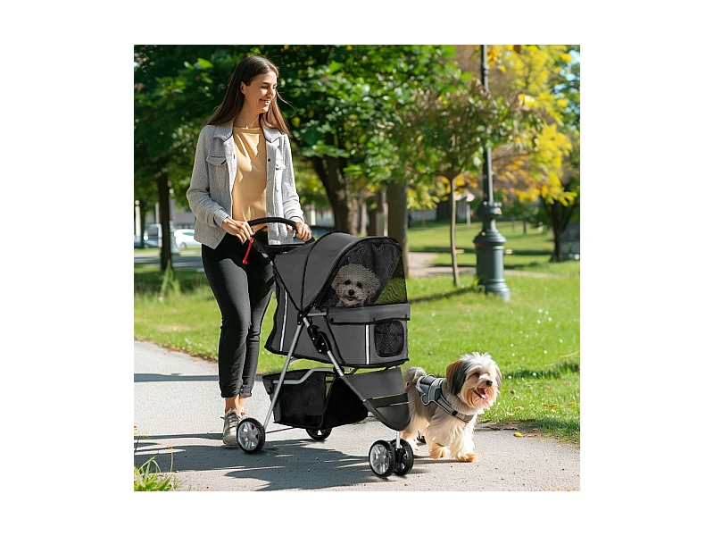 Poussette pliante pour chien et chat, avec coussin, fenêtres en filet, porte-gobelets et rangement, polyester, gris foncé (75x45x97 cm)