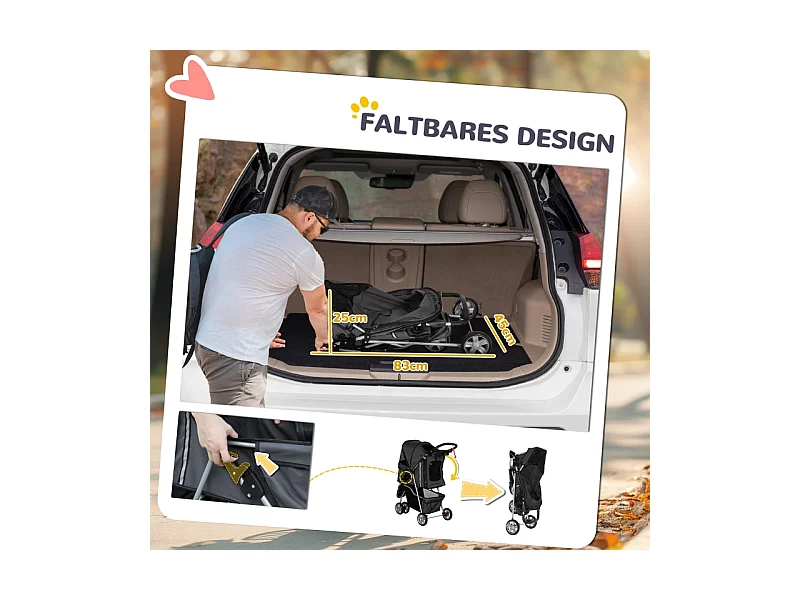 Poussette pliante pour chien et chat, avec coussin, fenêtres en filet, porte-gobelets et rangement, polyester, gris foncé (75x45x97 cm)