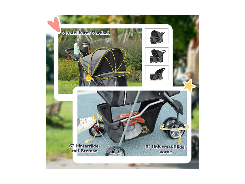 Poussette pliante pour chien et chat, avec coussin, fenêtres en filet, porte-gobelets et rangement, polyester, gris foncé (75x45x97 cm)