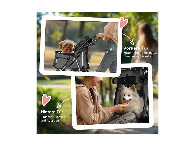 Poussette pliante pour chien et chat, avec coussin, fenêtres en filet, porte-gobelets et rangement, polyester, gris foncé (75x45x97 cm)