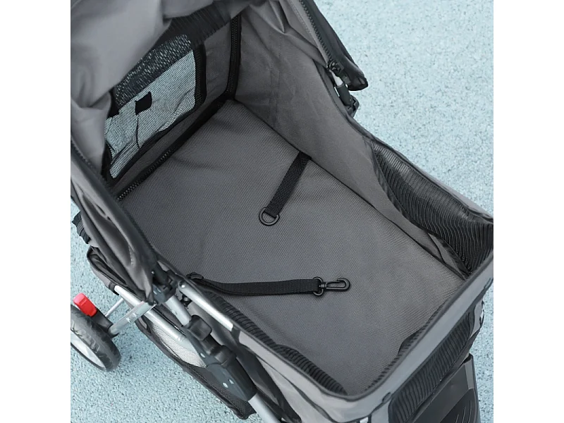 Poussette pliante pour chien et chat, avec coussin, fenêtres en filet, porte-gobelets et rangement, polyester, gris foncé (75x45x97 cm)