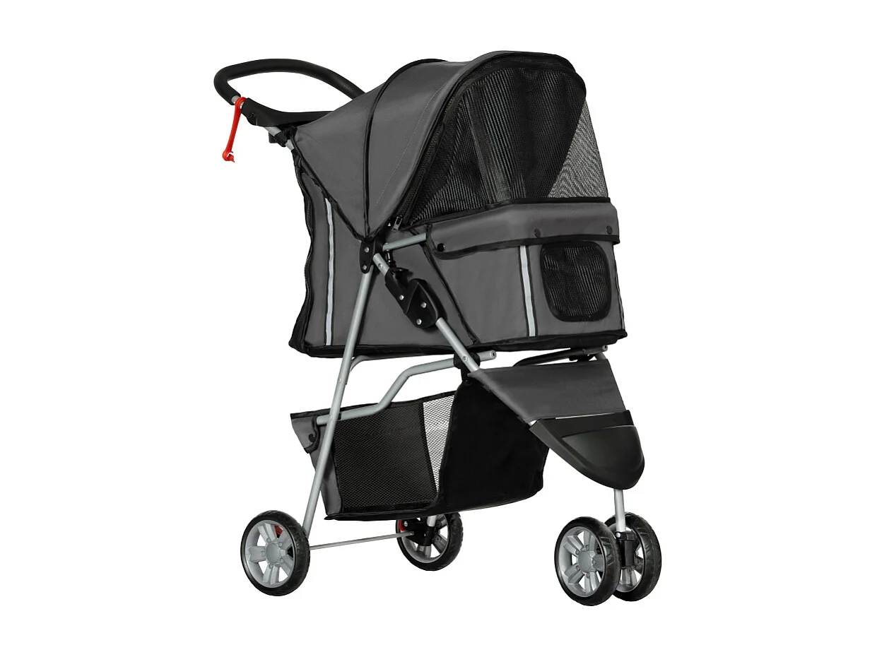 Poussette pliante pour chien et chat, avec coussin, fenêtres en filet, porte-gobelets et rangement, polyester, gris foncé (75x45x97 cm)