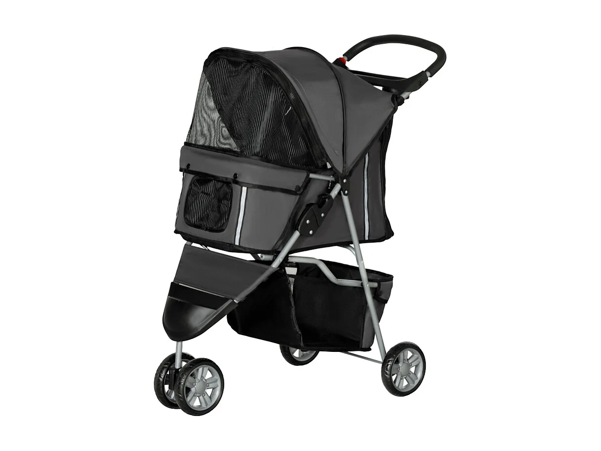 Poussette pliante pour chien et chat, avec coussin, fenêtres en filet, porte-gobelets et rangement, polyester, gris foncé (75x45x97 cm)