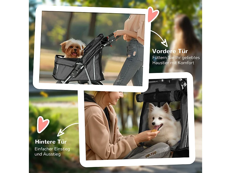 Poussette pliante pour chien et chat, avec coussin, fenêtres en filet, porte-gobelets et rangement, polyester, gris foncé (75x45x97 cm)
