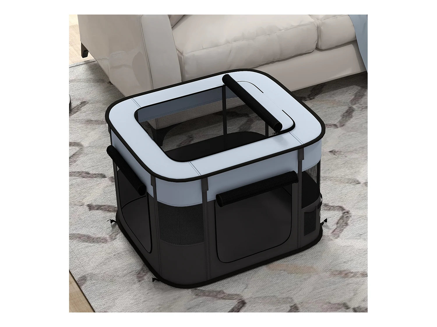 Parc pour chiots et petits animaux avec portes et fenêtres, pliable, en polyester respirant, gris (74x60x45cm)