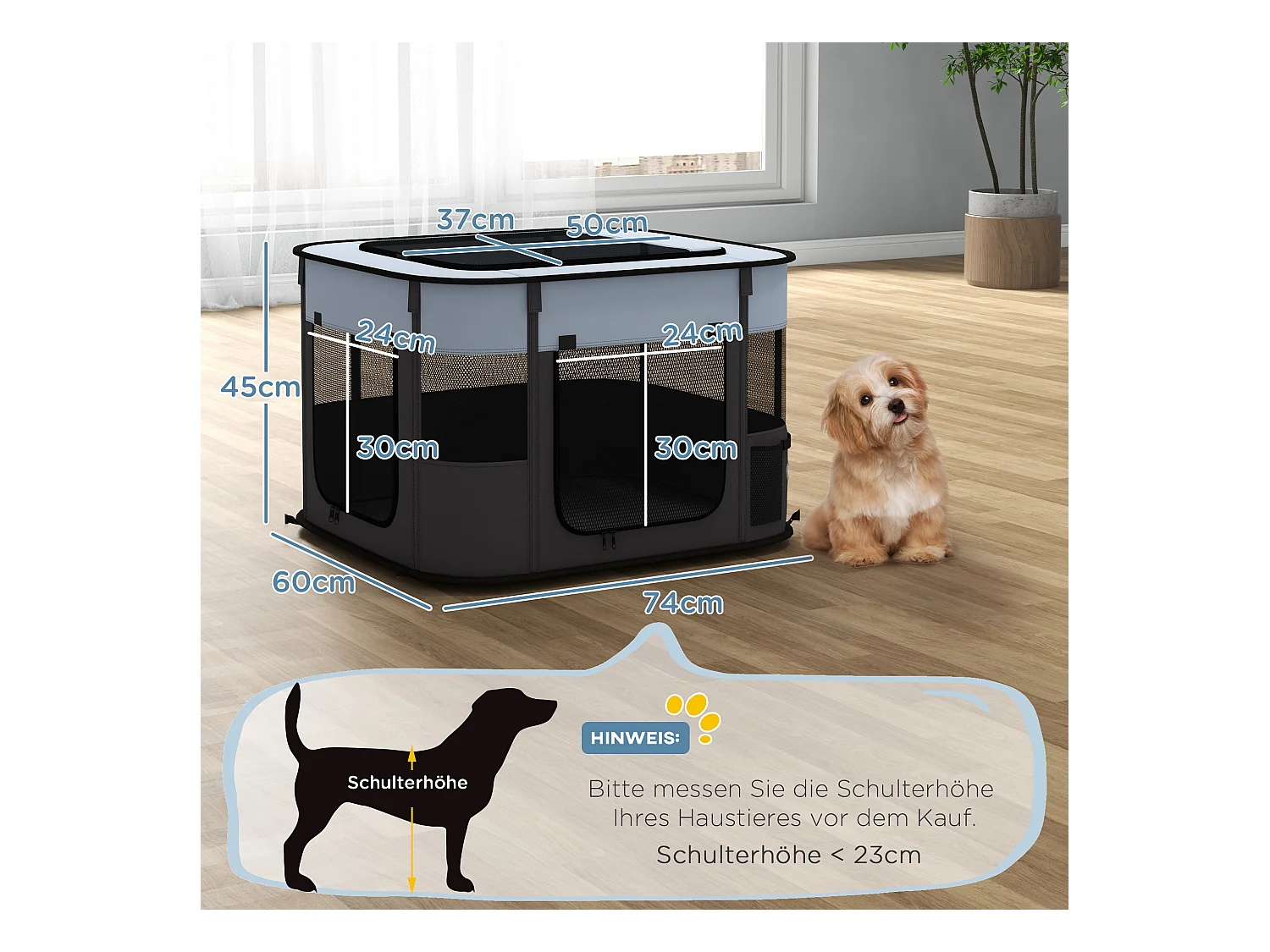 Parc pour chiots et petits animaux avec portes et fenêtres, pliable, en polyester respirant, gris (74x60x45cm)