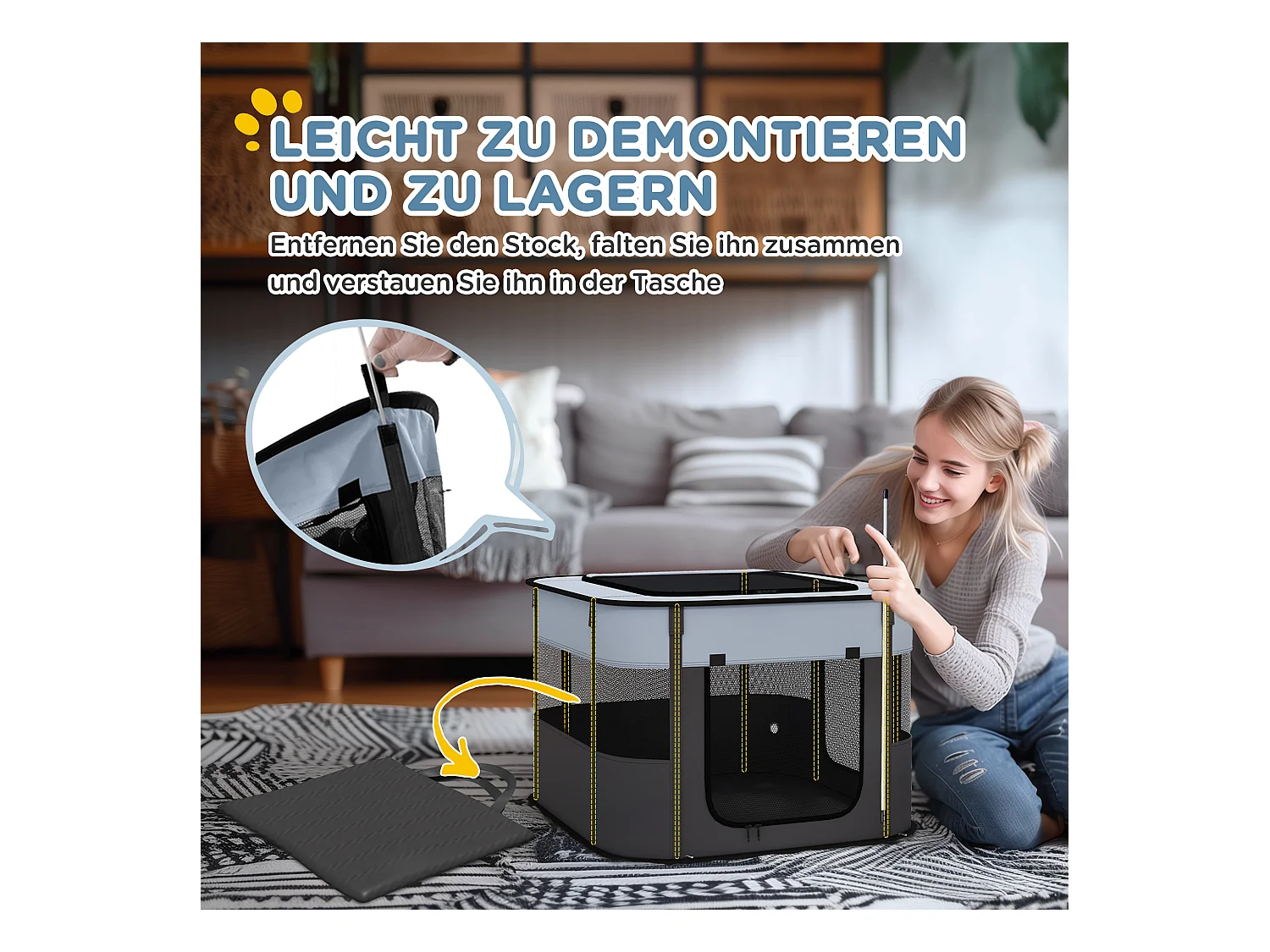 Parc pour chiots et petits animaux avec portes et fenêtres, pliable, en polyester respirant, gris (74x60x45cm)