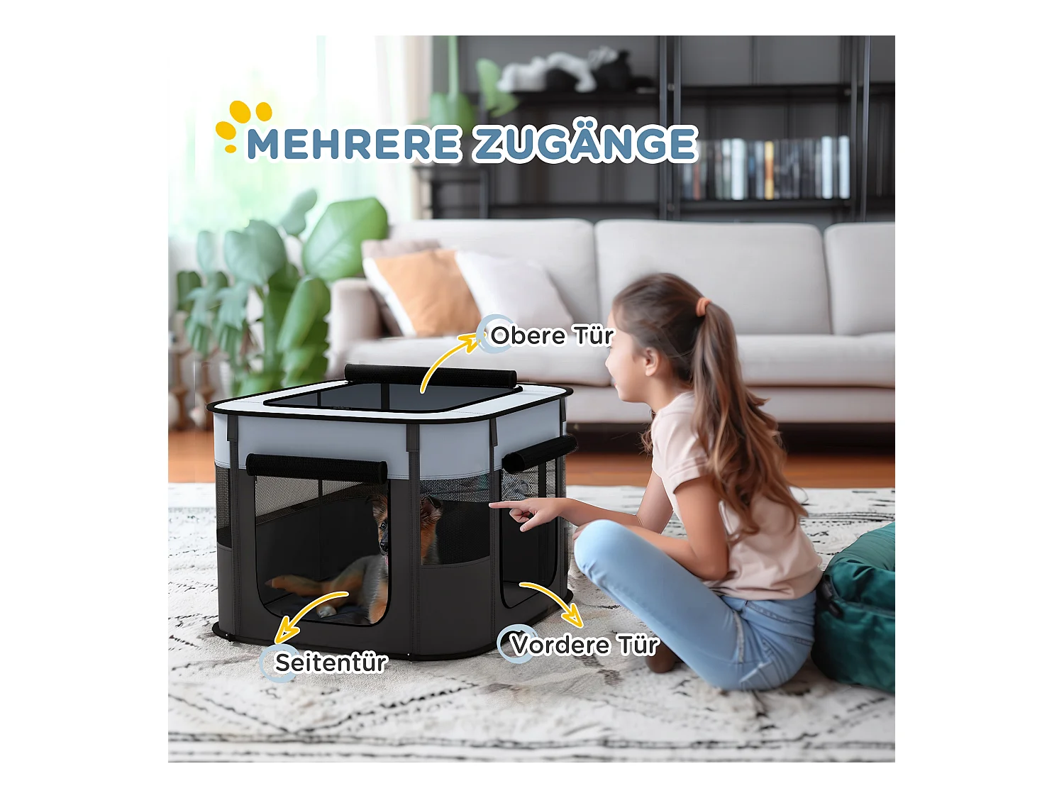 Parc pour chiots et petits animaux avec portes et fenêtres, pliable, en polyester respirant, gris (74x60x45cm)