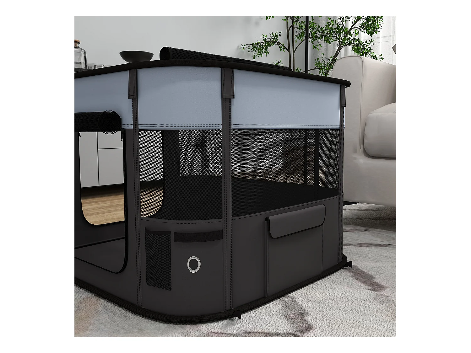 Parc pour chiots et petits animaux avec portes et fenêtres, pliable, en polyester respirant, gris (74x60x45cm)