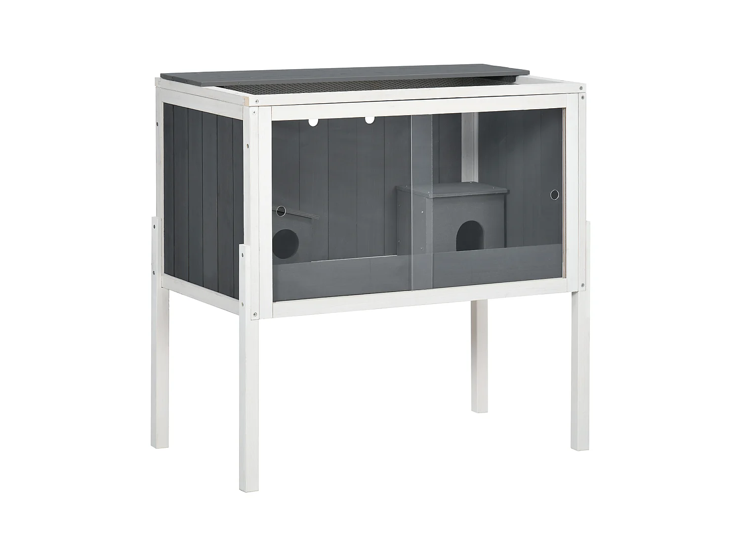 Cage pour hamster nain en bois avec 2 cabanes et accessoires, gris foncé (82x45x81 cm)