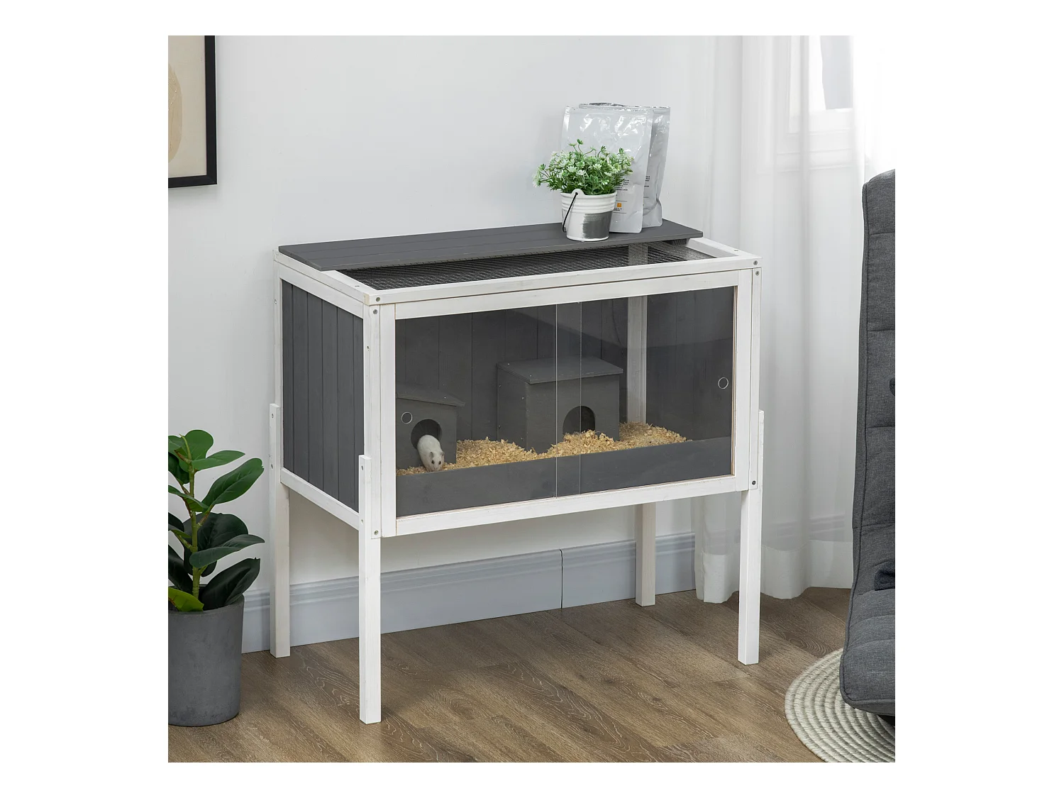 Cage pour hamster nain en bois avec 2 cabanes et accessoires, gris foncé (82x45x81 cm)