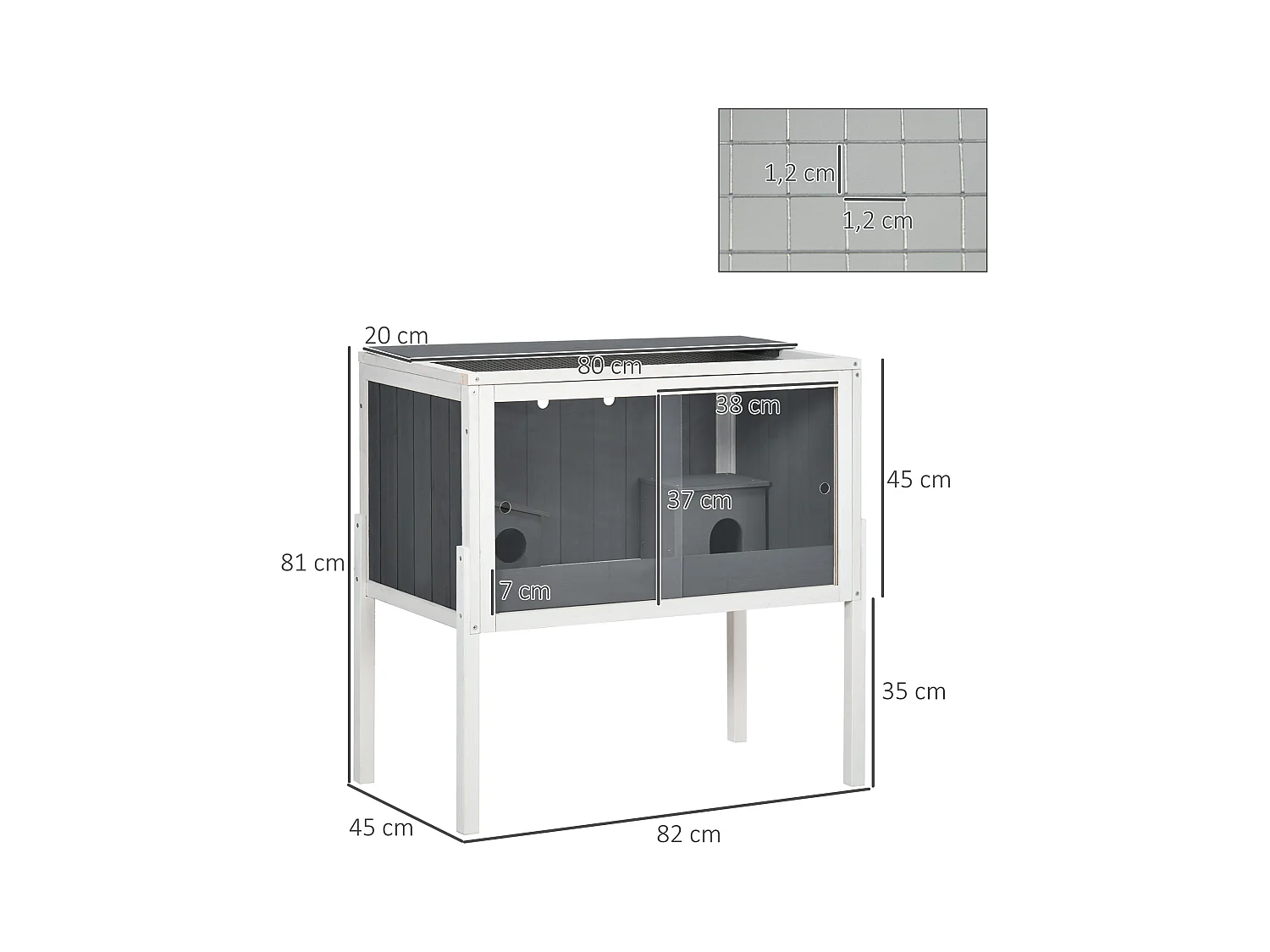 Cage pour hamster nain en bois avec 2 cabanes et accessoires, gris foncé (82x45x81 cm)