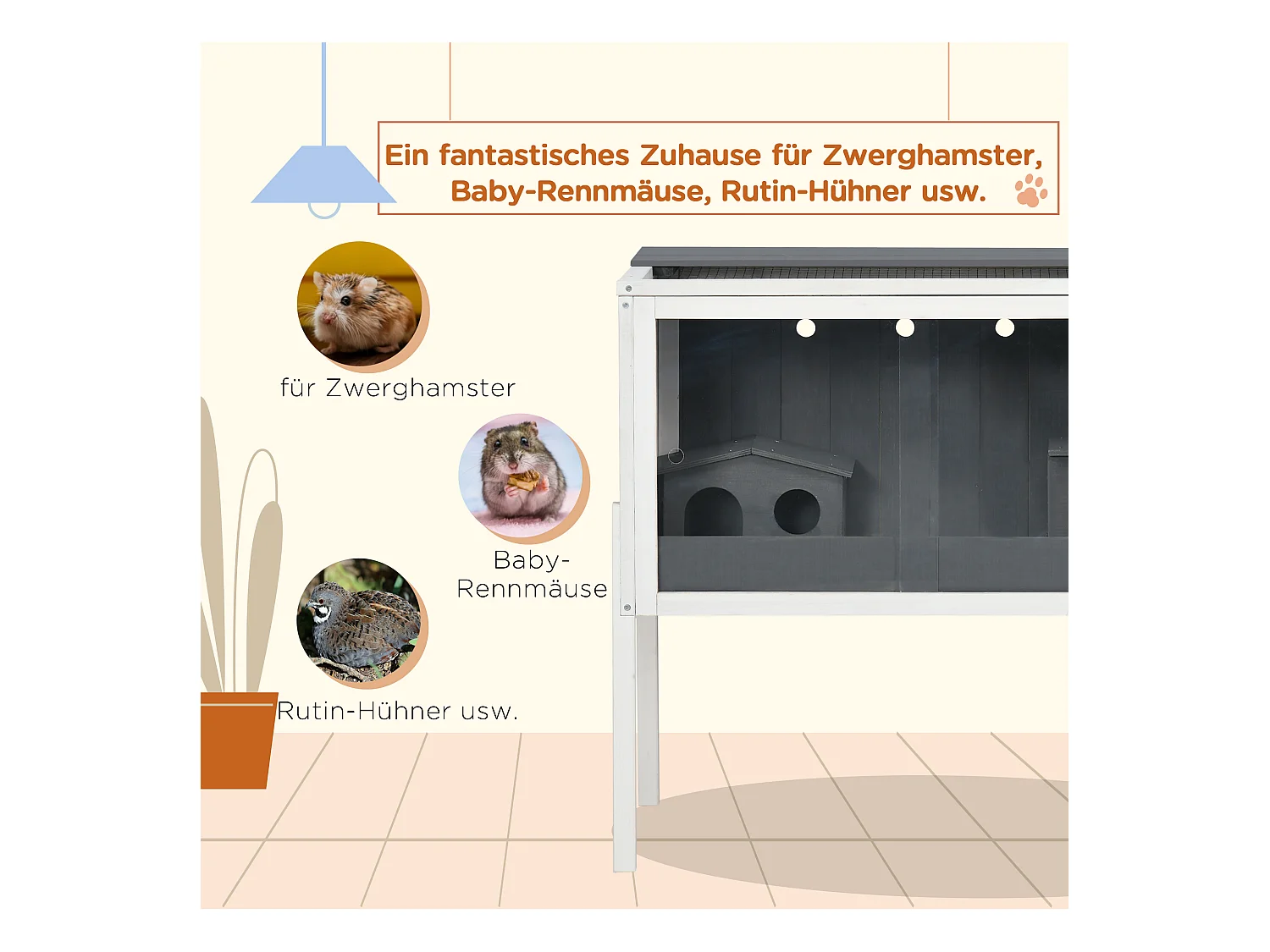 Cage pour hamster nain en bois avec 2 cabanes et accessoires, gris foncé (82x45x81 cm)