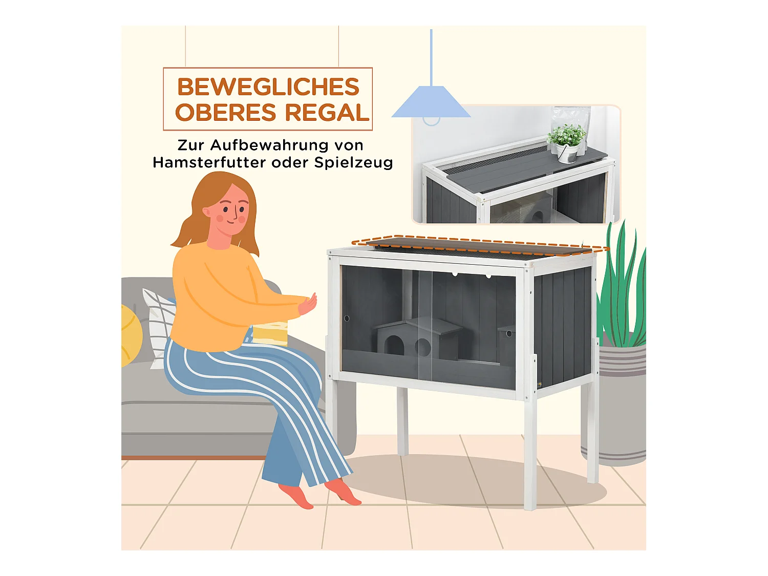 Cage pour hamster nain en bois avec 2 cabanes et accessoires, gris foncé (82x45x81 cm)