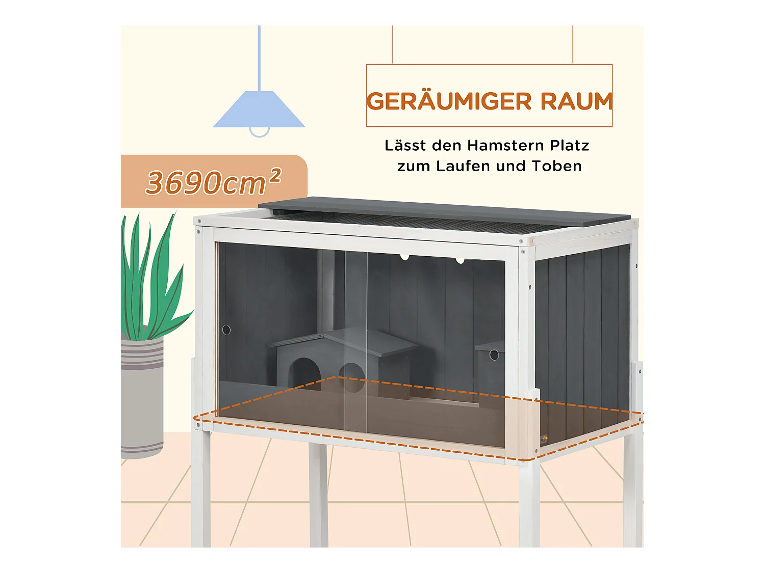 Cage pour hamster nain en bois avec 2 cabanes et accessoires, gris foncé (82x45x81 cm)