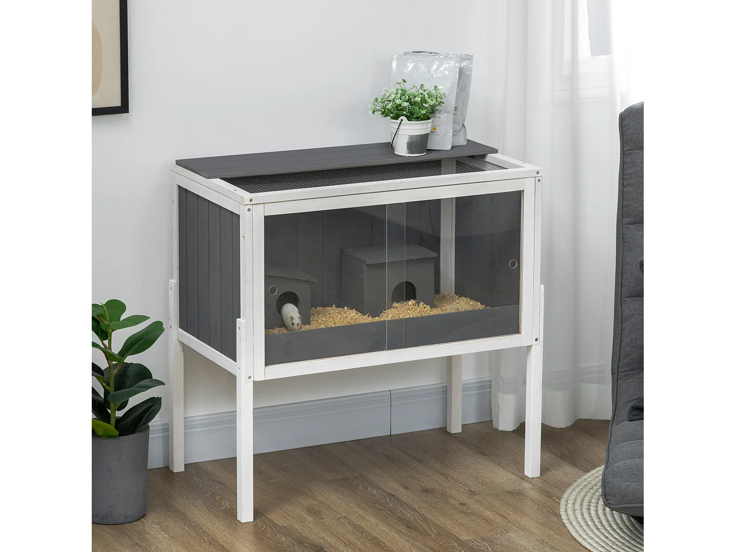 Cage pour hamster nain en bois avec 2 cabanes et accessoires, gris foncé (82x45x81 cm)