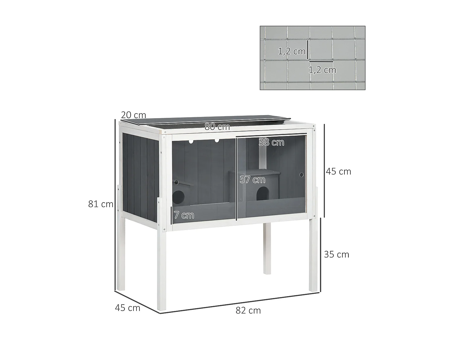 Cage pour hamster nain en bois avec 2 cabanes et accessoires, gris foncé (82x45x81 cm)