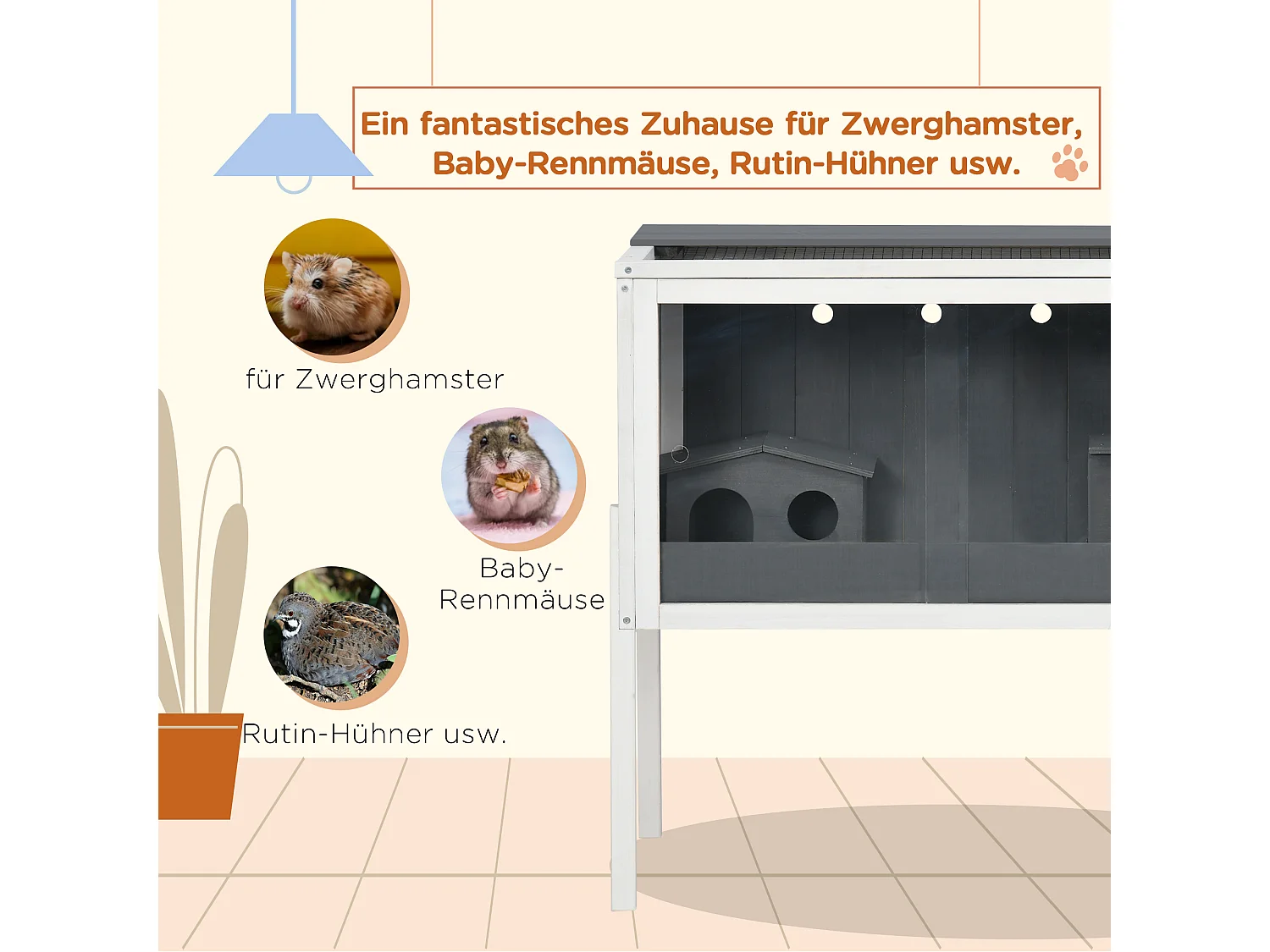 Cage pour hamster nain en bois avec 2 cabanes et accessoires, gris foncé (82x45x81 cm)