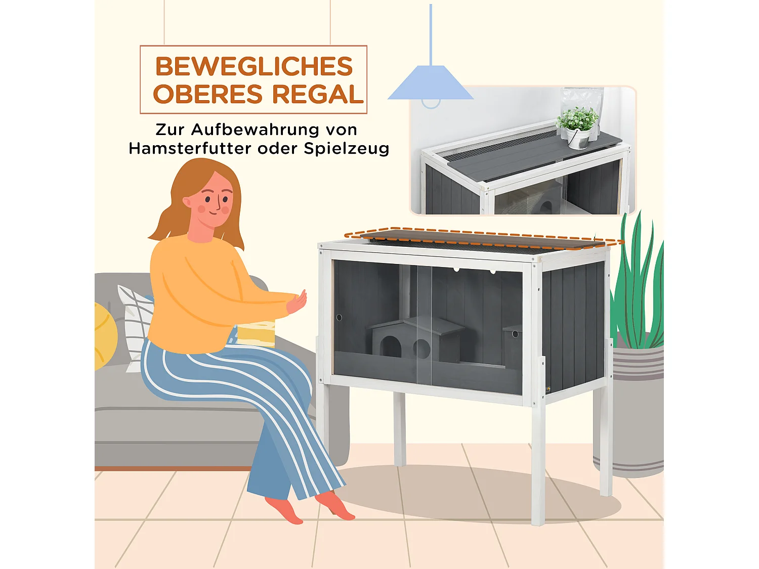 Cage pour hamster nain en bois avec 2 cabanes et accessoires, gris foncé (82x45x81 cm)