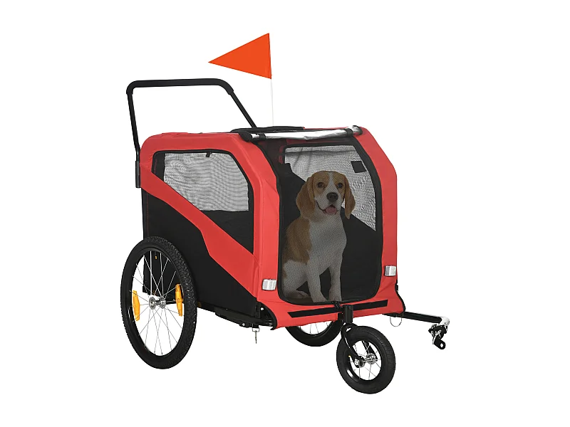 Chariot 2-en-1 pour chien, convertible en poussette ou remorque vélo, tissu Oxford, rouge (170x77x90 cm)