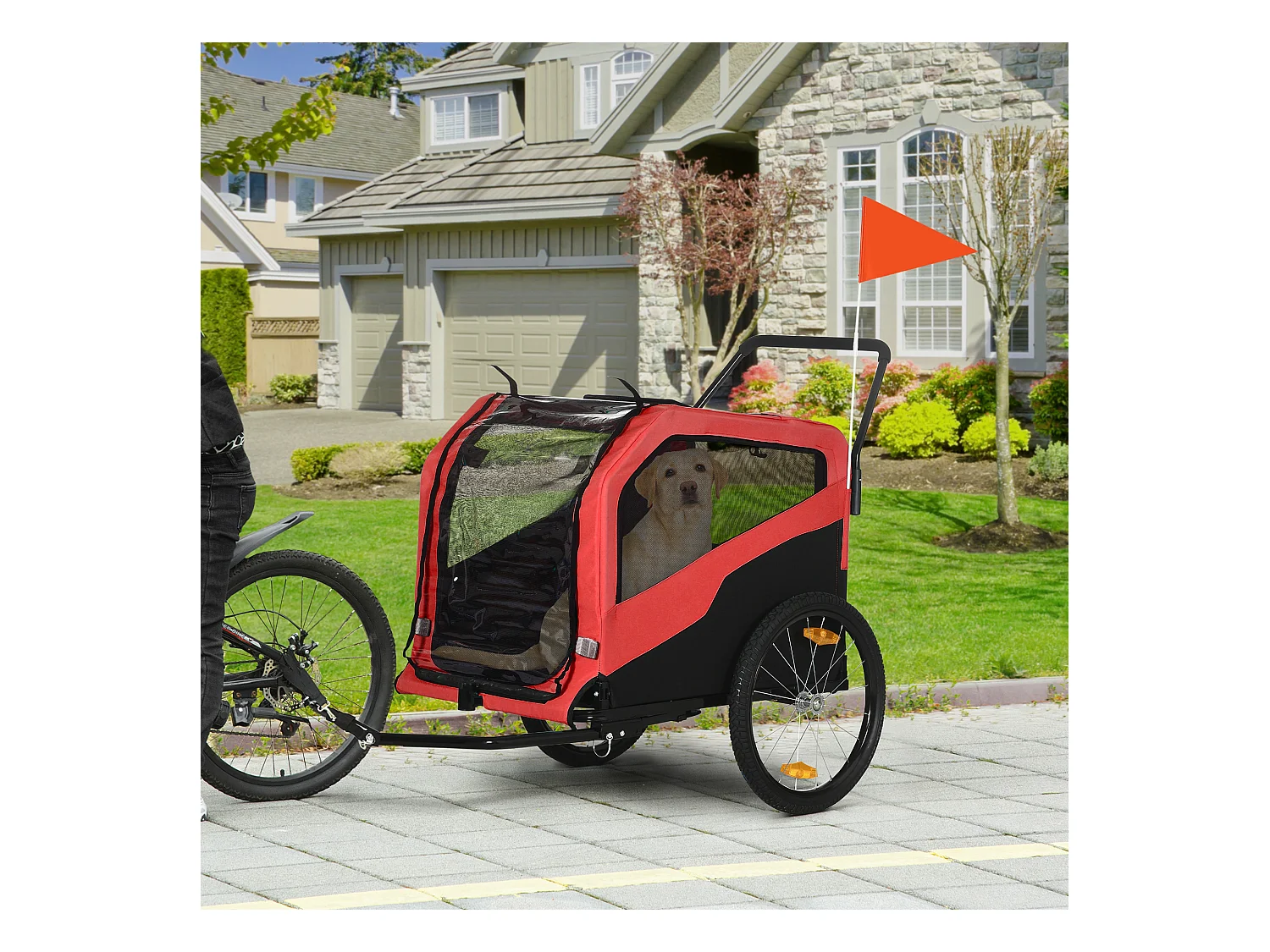 Chariot 2-en-1 pour chien, convertible en poussette ou remorque vélo, tissu Oxford, rouge (170x77x90 cm)