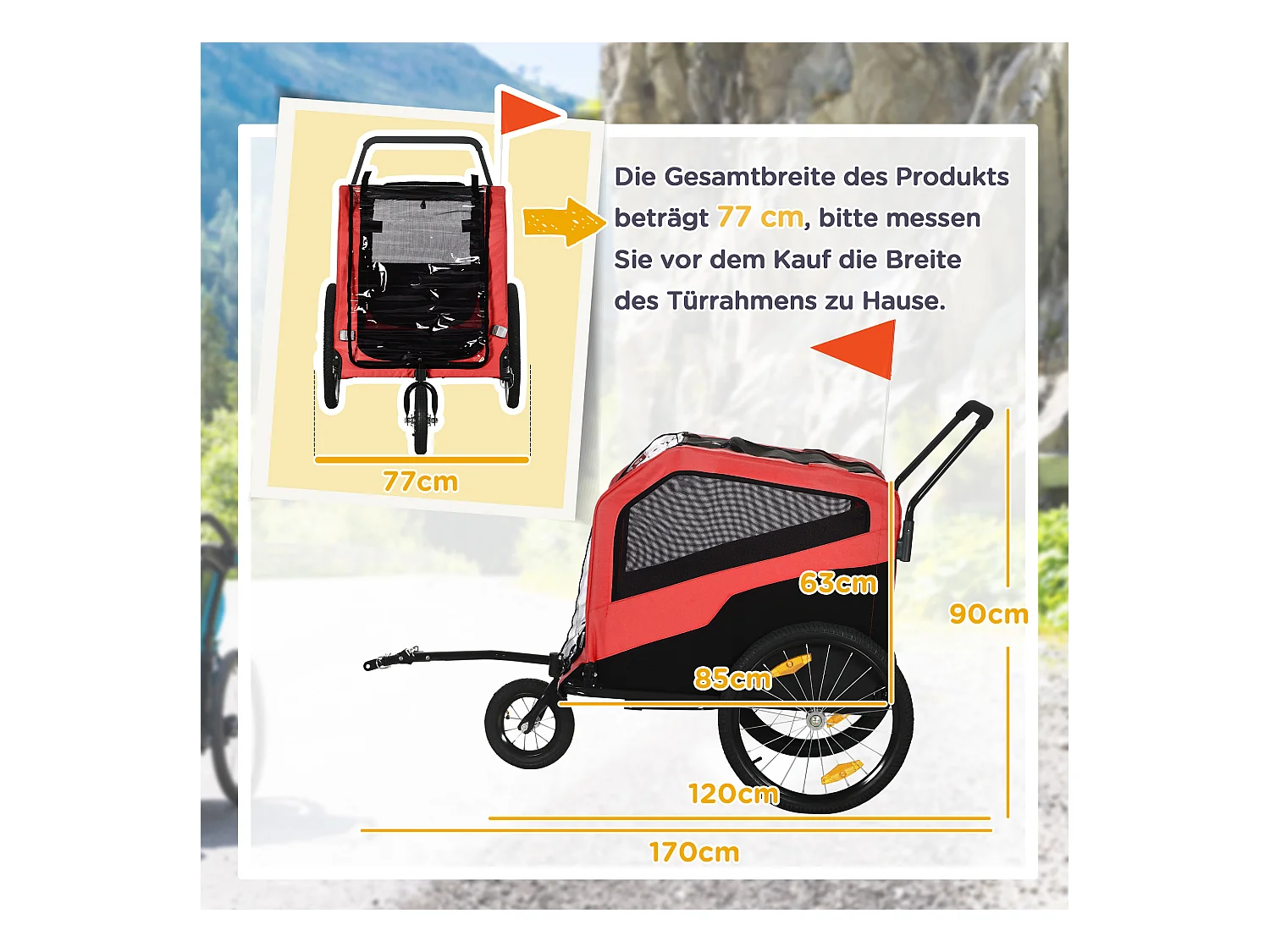 Chariot 2-en-1 pour chien, convertible en poussette ou remorque vélo, tissu Oxford, rouge (170x77x90 cm)