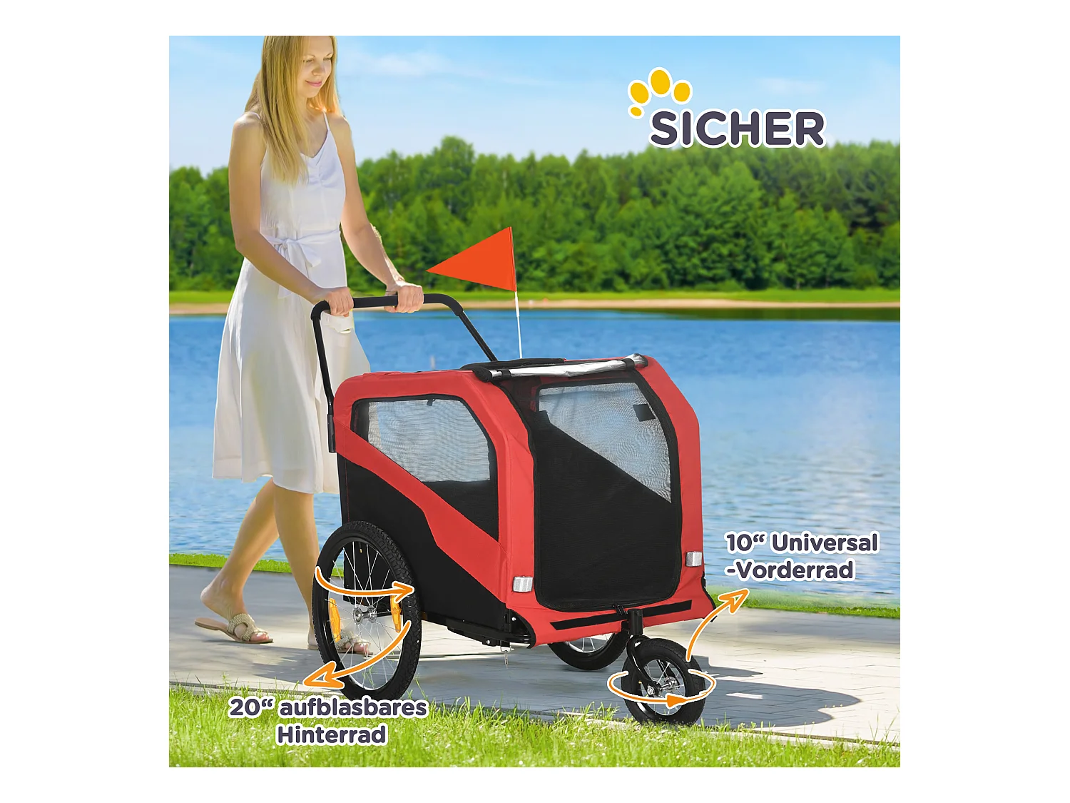 Chariot 2-en-1 pour chien, convertible en poussette ou remorque vélo, tissu Oxford, rouge (170x77x90 cm)