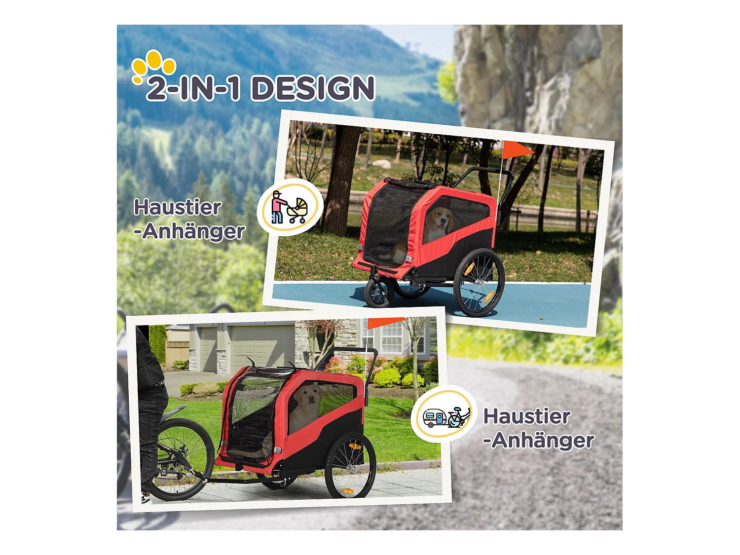 Chariot 2-en-1 pour chien, convertible en poussette ou remorque vélo, tissu Oxford, rouge (170x77x90 cm)