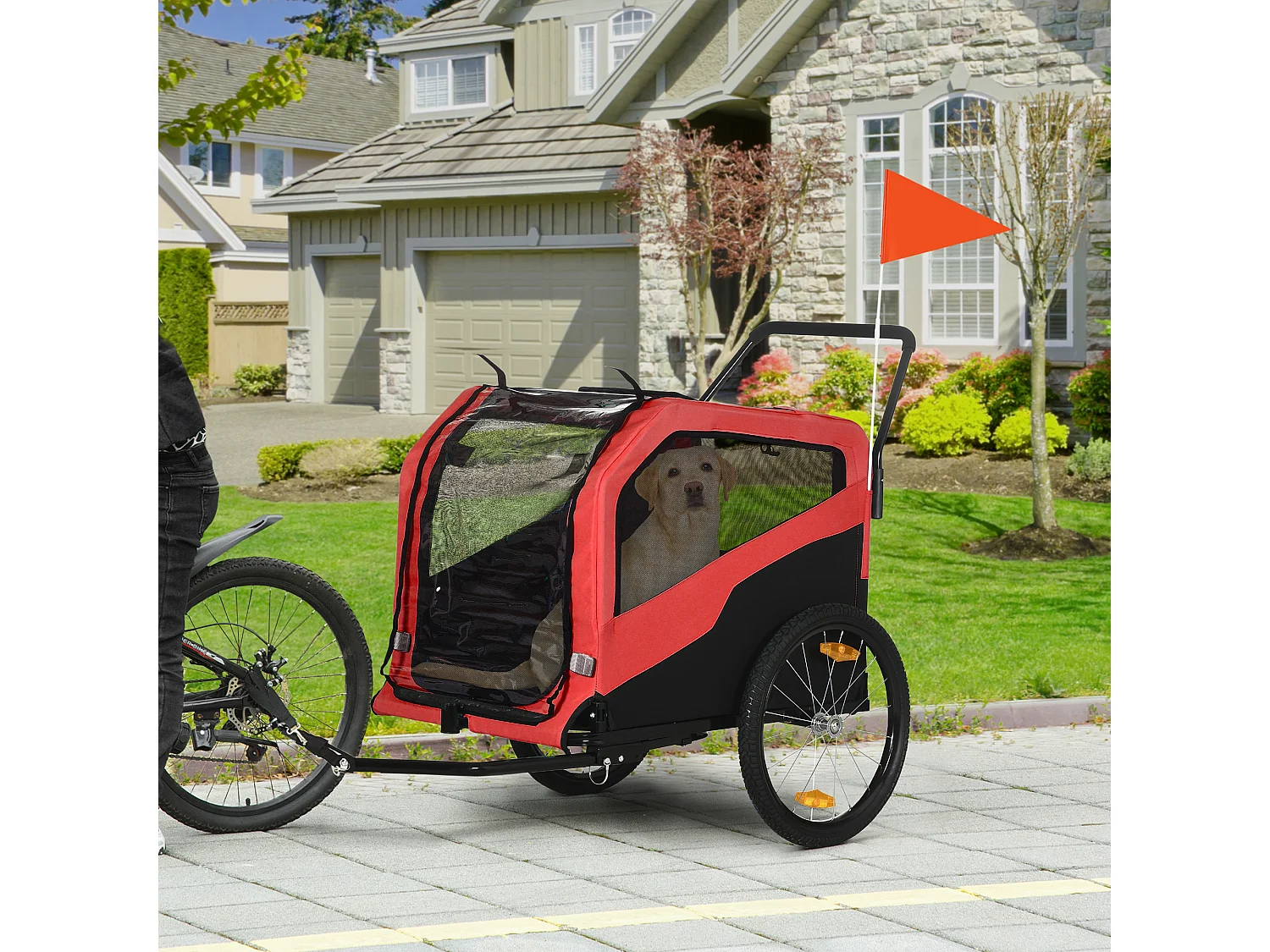 Chariot 2-en-1 pour chien, convertible en poussette ou remorque vélo, tissu Oxford, rouge (170x77x90 cm)