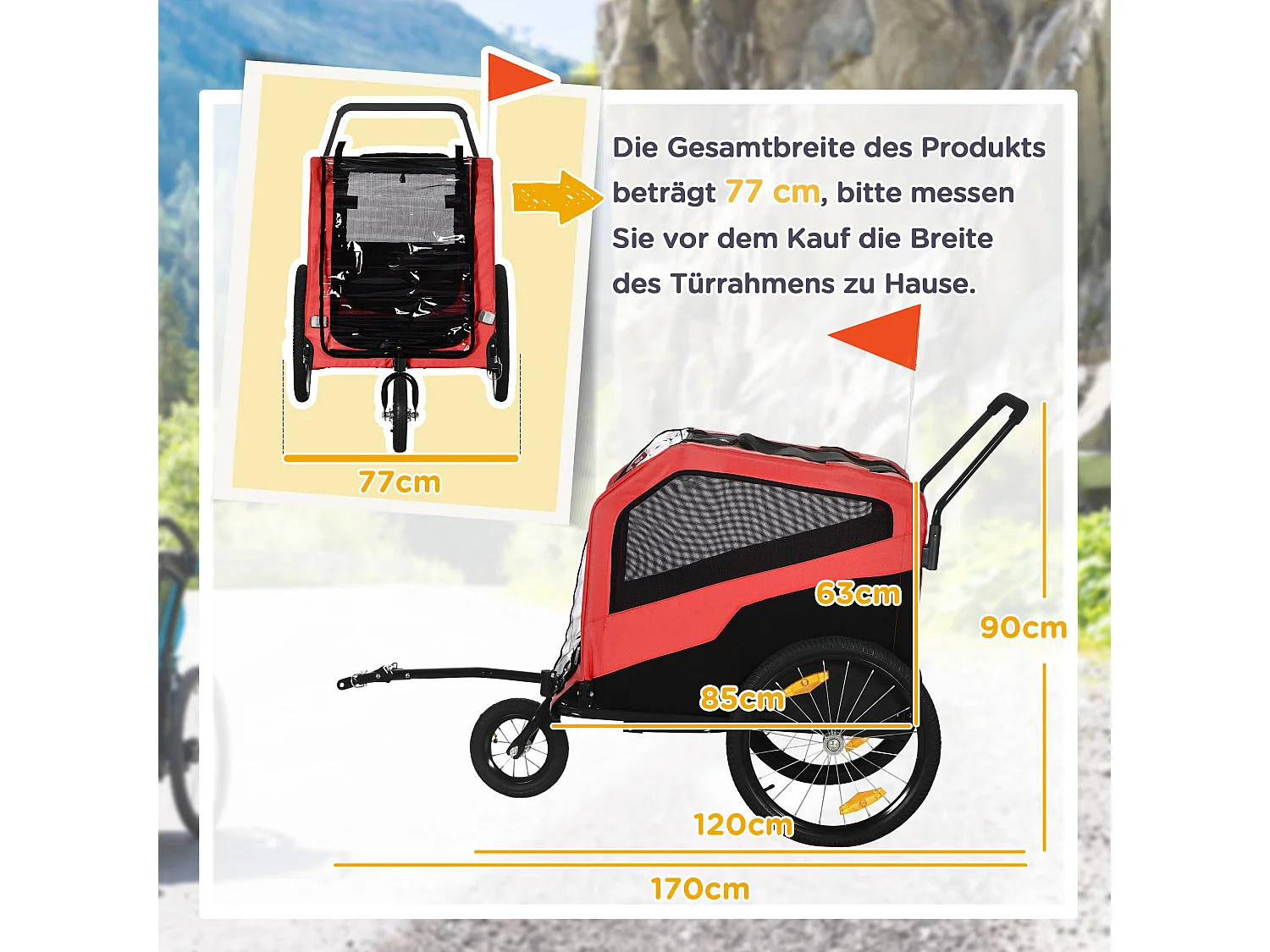 Chariot 2-en-1 pour chien, convertible en poussette ou remorque vélo, tissu Oxford, rouge (170x77x90 cm)